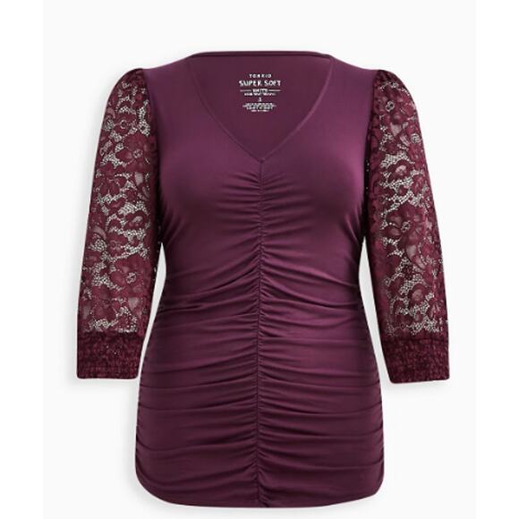TORRID SIZE 1 LACE V-NECK RUCHED FRONT LONG SLEEVE TOP SIZE 14-16, 1X - Picture 1 of 5